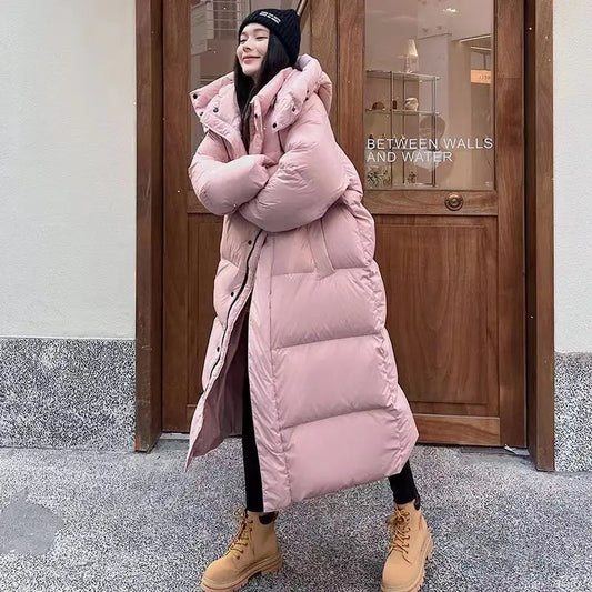 Long Women's Winter Padded Coat with Hood - Windproof and Comfortable for Cold Days