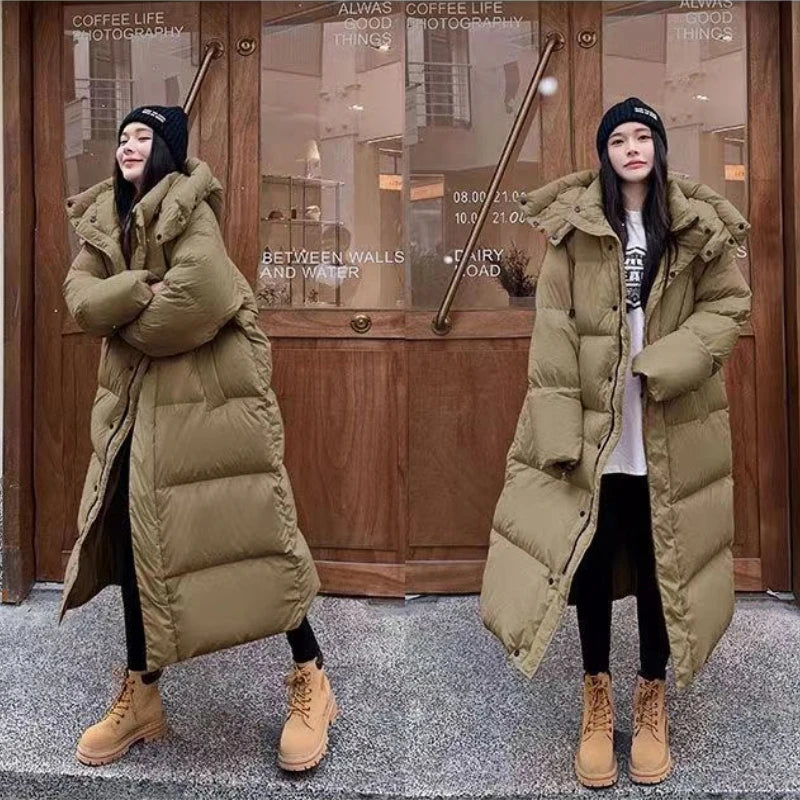 Long Women's Winter Padded Coat with Hood - Windproof and Comfortable for Cold Days