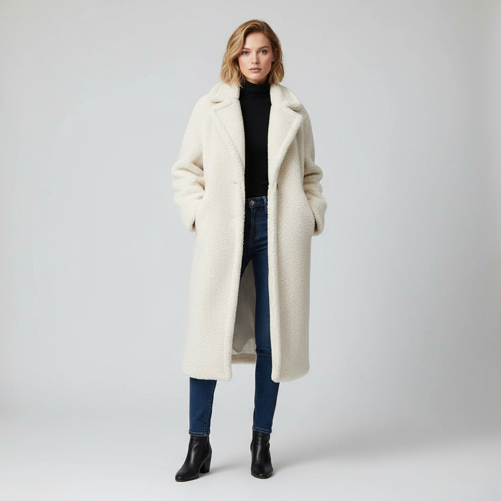 Long Winter Coat for Women Made of Soft Teddy Fabric with Lapel Collar and Side Pockets for Extra Warmth and Comfort