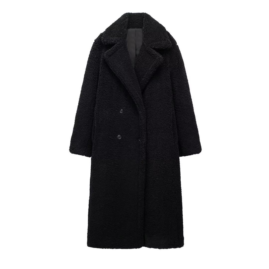 Long Winter Coat for Women Made of Soft Teddy Fabric with Lapel Collar and Side Pockets for Extra Warmth and Comfort