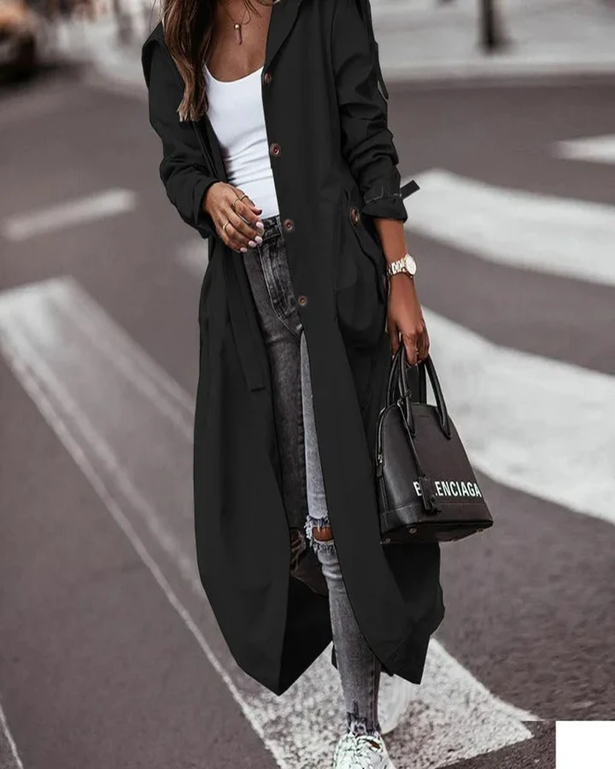 Lina Women's Trench Coat | Waterproof with Hood, Long Women's Trench Coat Black