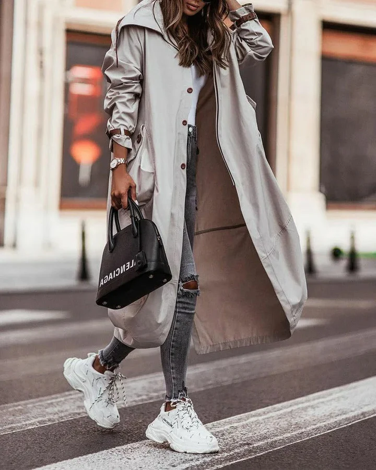 Lina Women's Trench Coat | Waterproof with Hood, Long Women's Trench Coat Black