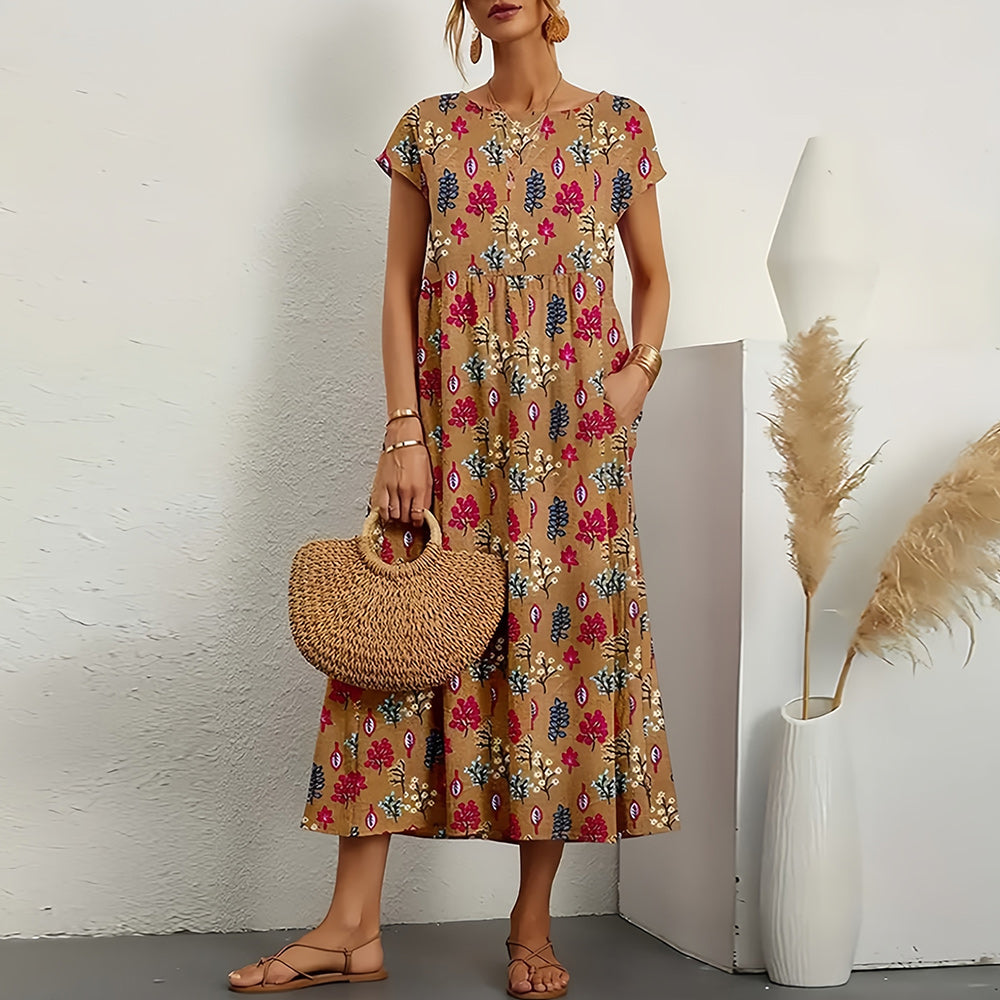 Lina Women's Midi Dress | Linen-Cotton Blend, Casual A-Line 0