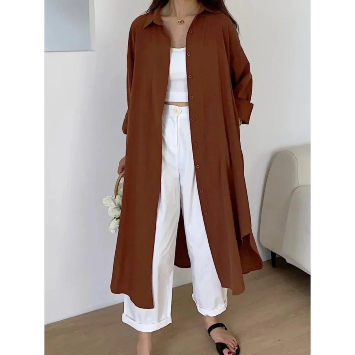 Liora Women's Maxi Dress | Long Sleeve Button-Front Relaxed Cut 0