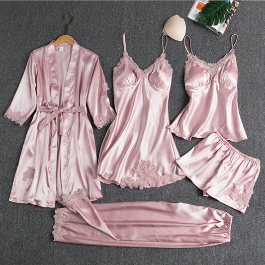 Liora Women's Satin Pajama Set | 5-Piece with Lace Details 0