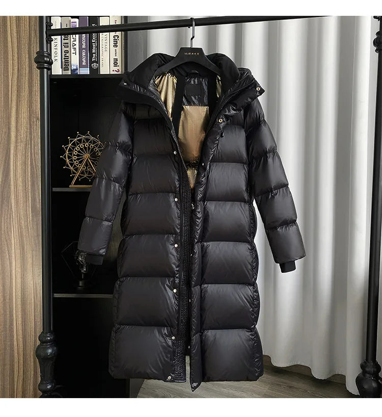 Lira Down Jacket for Women | Long Thick Winter Coat with Luxurious Gold Details