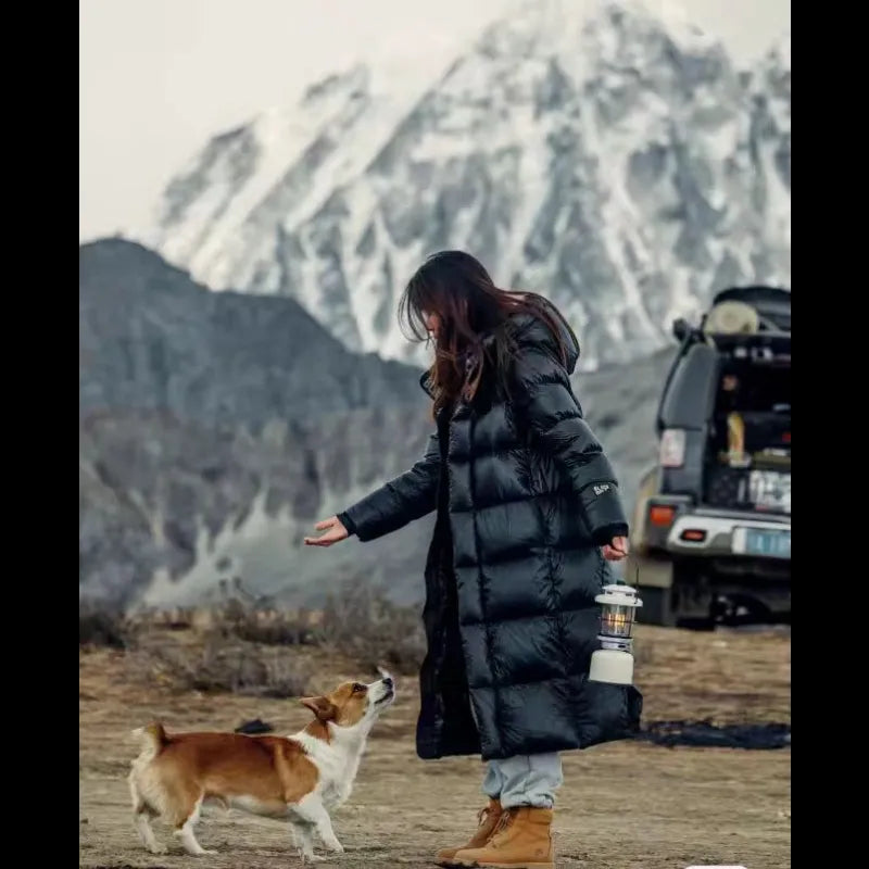 Lira Down Jacket for Women | Long Thick Winter Coat with Luxurious Gold Details