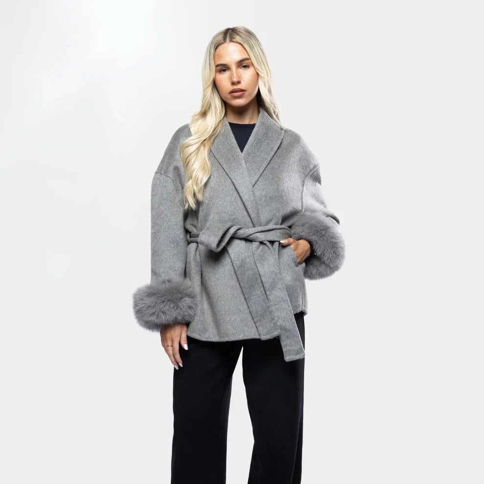 Livia Women's Winter Coat | Faux Fur Sleeves, Elegant Bow Belt