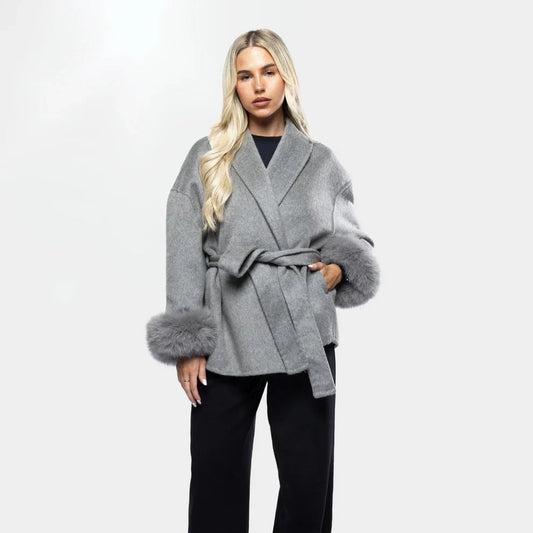 Livia Women's Winter Coat | Faux Fur Sleeves, Elegant Bow Belt