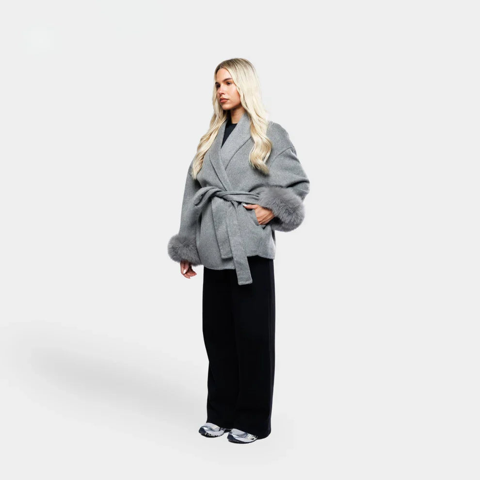Livia Women's Winter Coat | Faux Fur Sleeves, Elegant Bow Belt