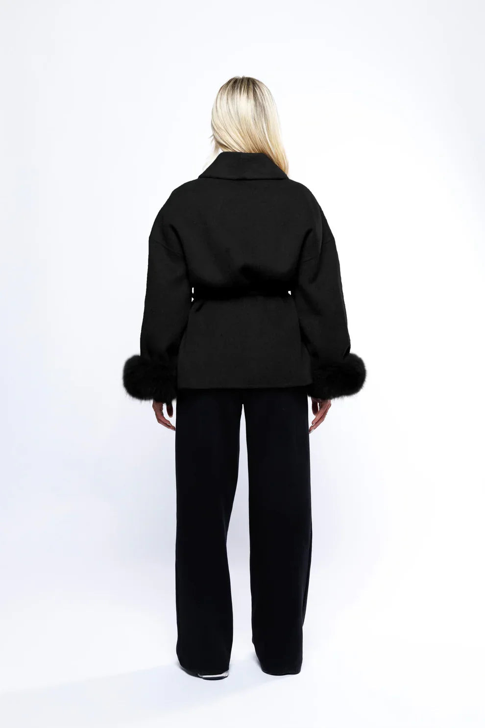 Livia Women's Winter Coat | Faux Fur Sleeves, Elegant Bow Belt