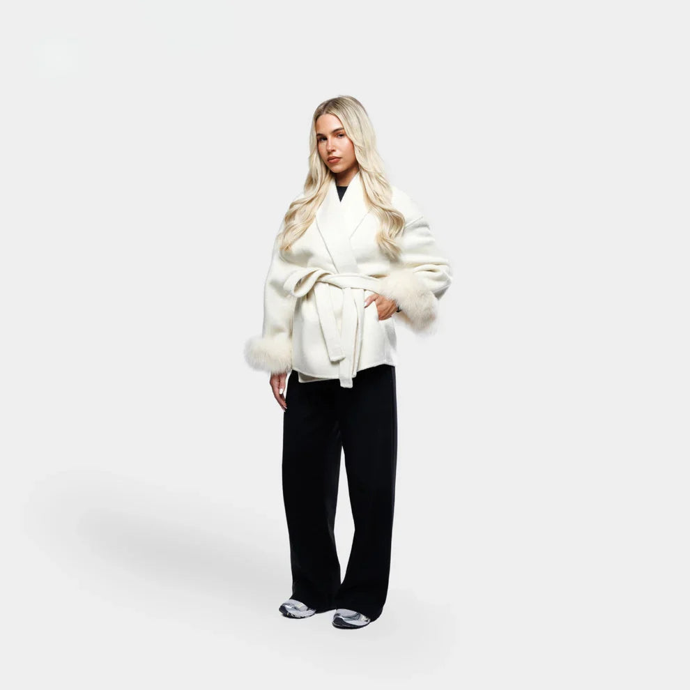 Livia Women's Winter Coat | Faux Fur Sleeves, Elegant Bow Belt