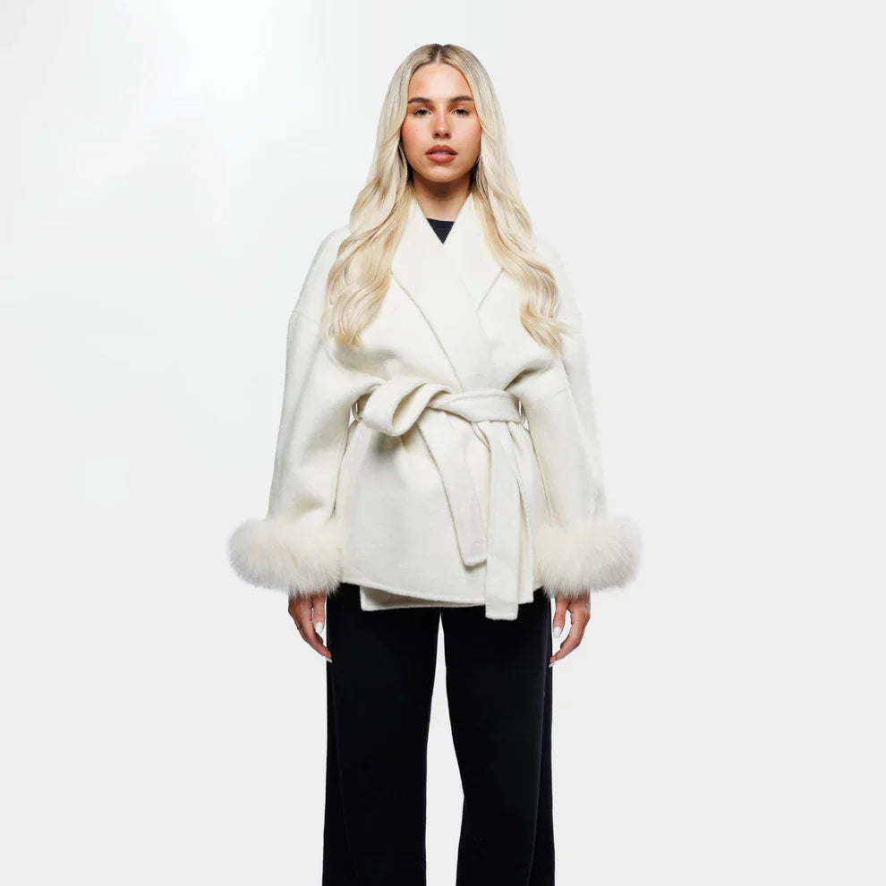 Livia Women's Winter Coat | Faux Fur Sleeves, Elegant Bow Belt