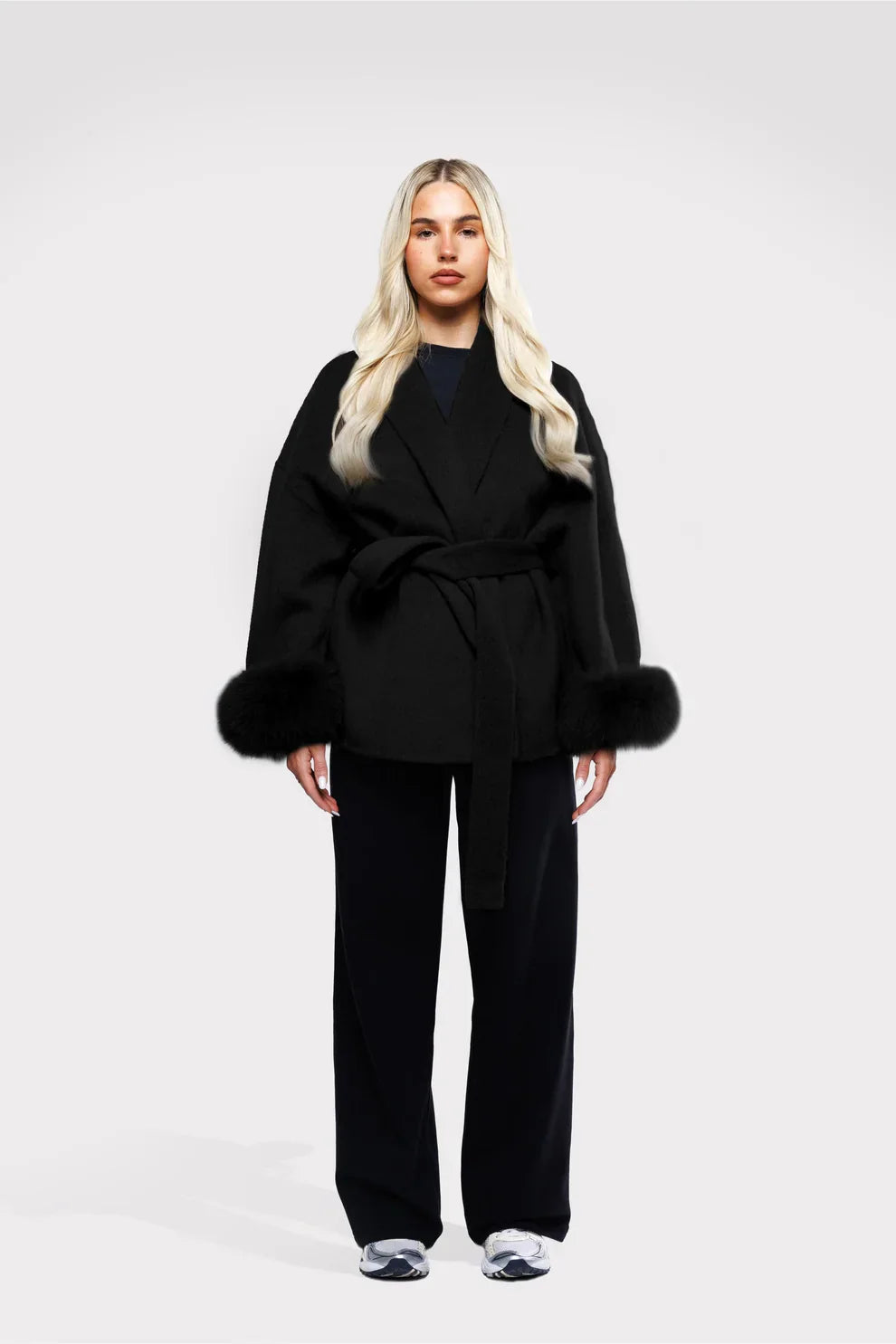 Livia Women's Winter Coat | Faux Fur Sleeves, Elegant Bow Belt