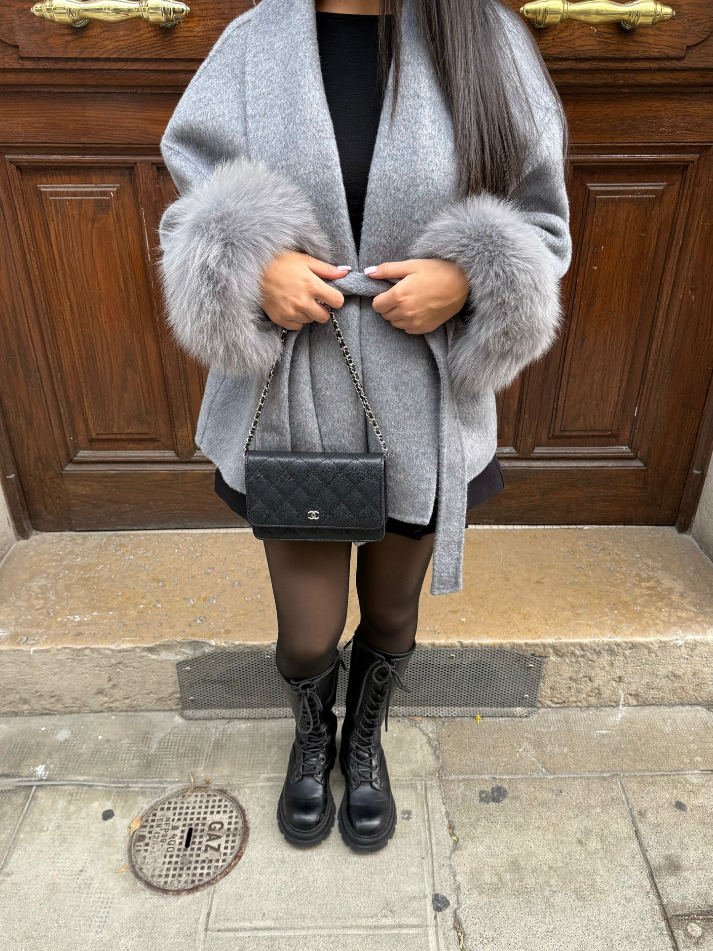 Livia Women's Winter Coat | Faux Fur Sleeves, Elegant Bow Belt