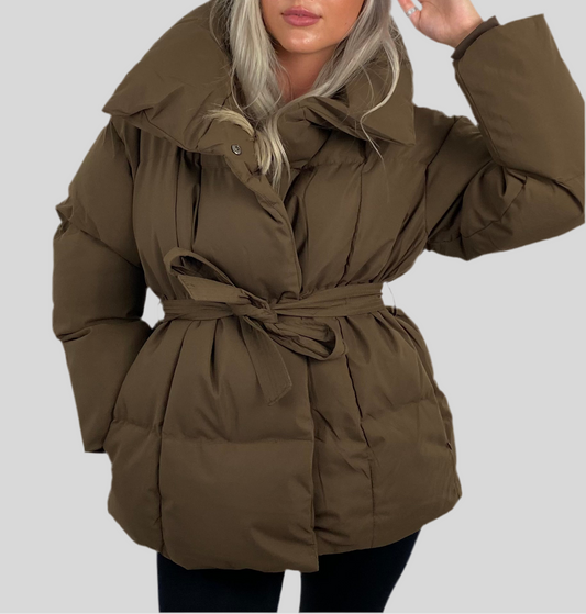 Livia Ladies' Jacket | Cropped Puffer with Belt, Trendy Design