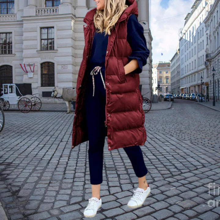 Luna Women's Long Padded Vest | Quilted, Hooded Design 1