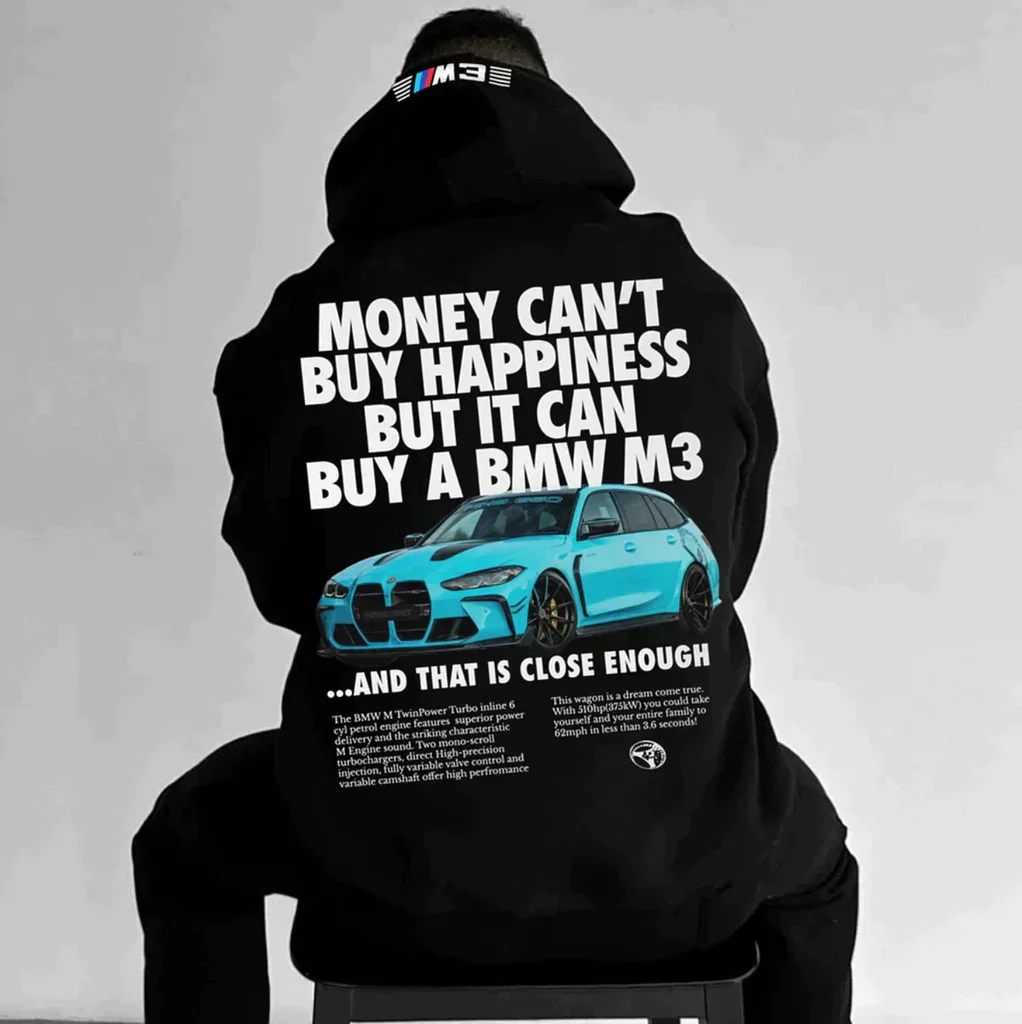 Hoodie with sports car print – Rug design with typography and sleeve print