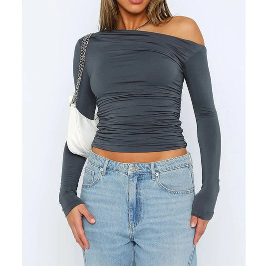Olina Women's Fitted Top | Off-Shoulder, Ruched Long Sleeve 0