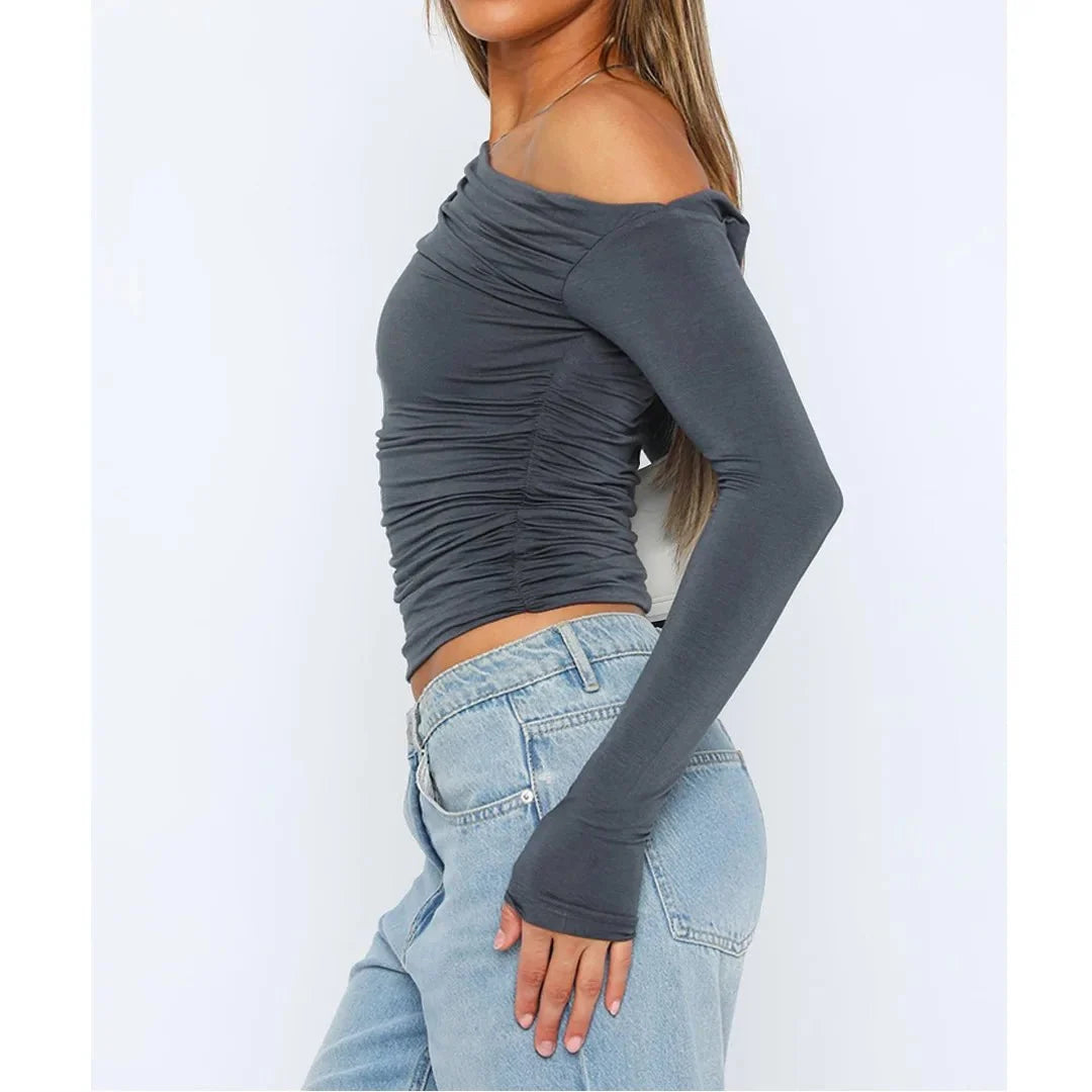Olina Women's Fitted Top | Off-Shoulder, Ruched Long Sleeve 6