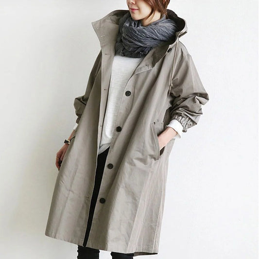Olwen Women's Midi Trench Coat | Oversized Fit, Hooded, Button Front 0