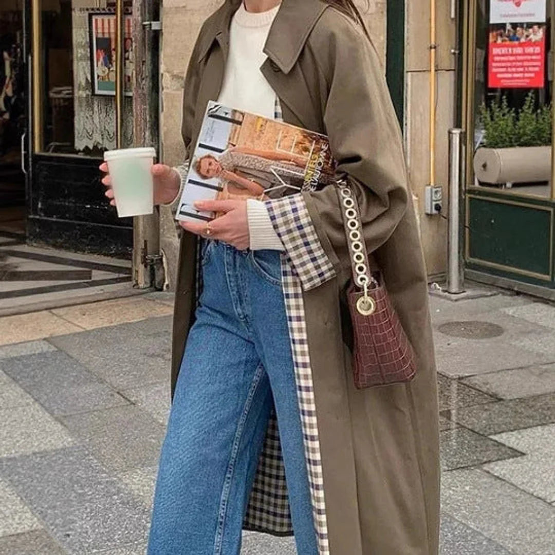 Olwen Women's Trench Coat | Oversized Fit, Notch Collar, Plaid Lining 1