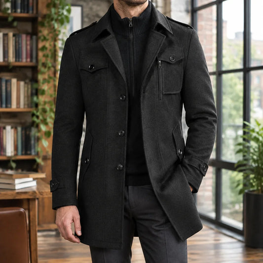 Oren Men's Wool Coat | Tailored Mid-Thigh, Funnel Collar 0