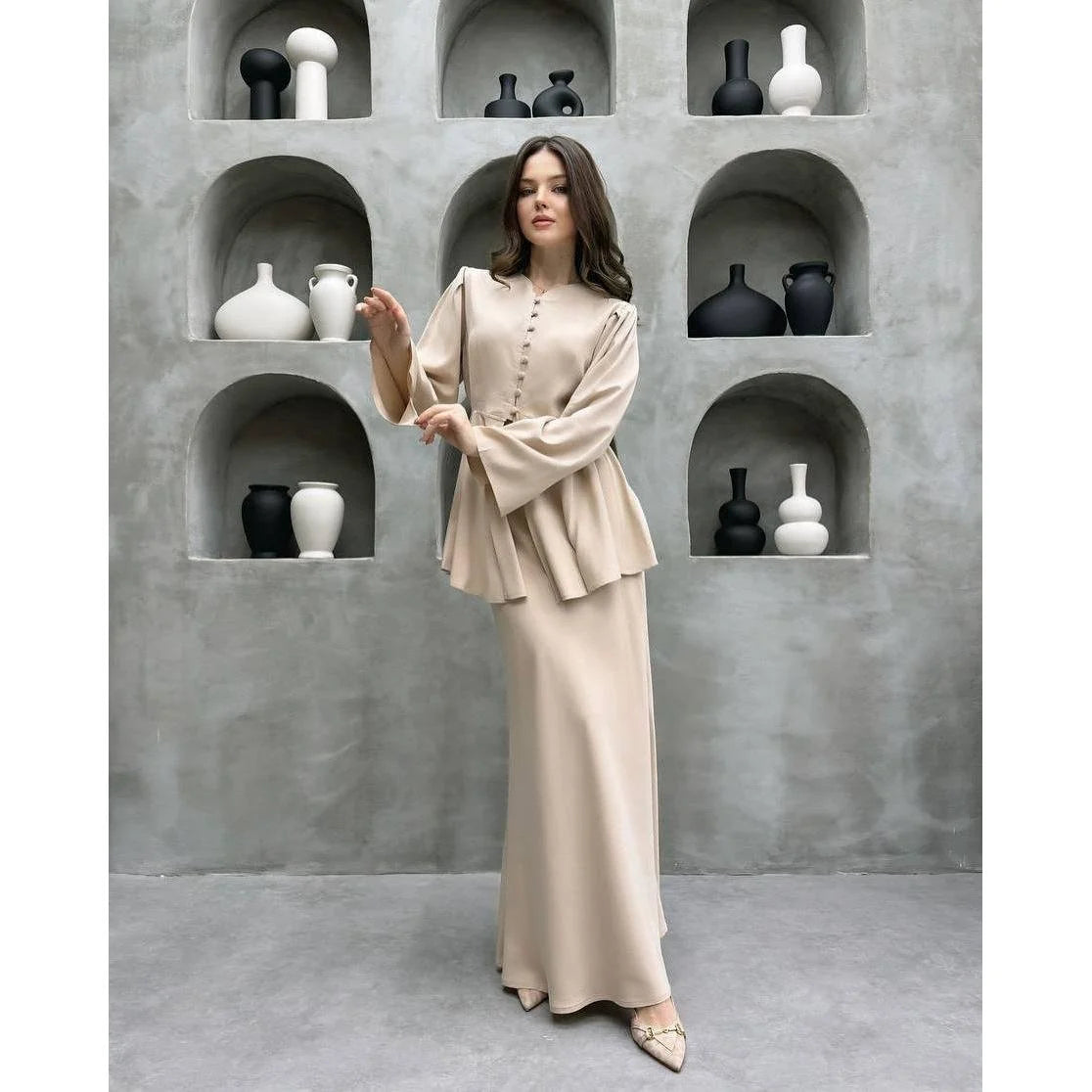 Pavia Women's Two-Piece Set | Satin Finish Peplum Top and Maxi Skirt 0