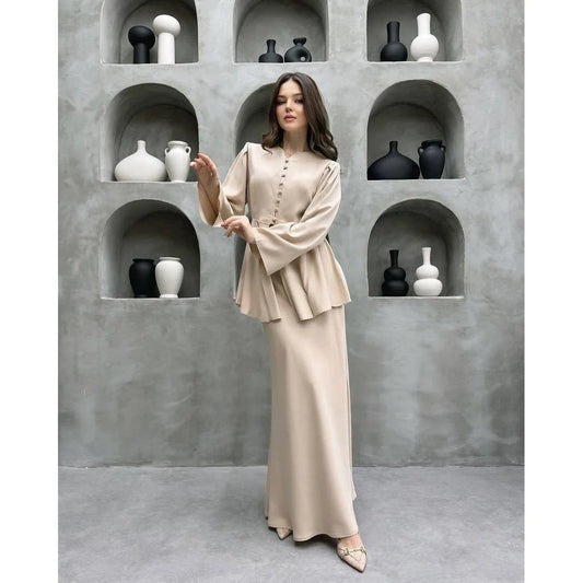 Pavia Women's Two-Piece Set | Satin Finish Peplum Top and Maxi Skirt 0