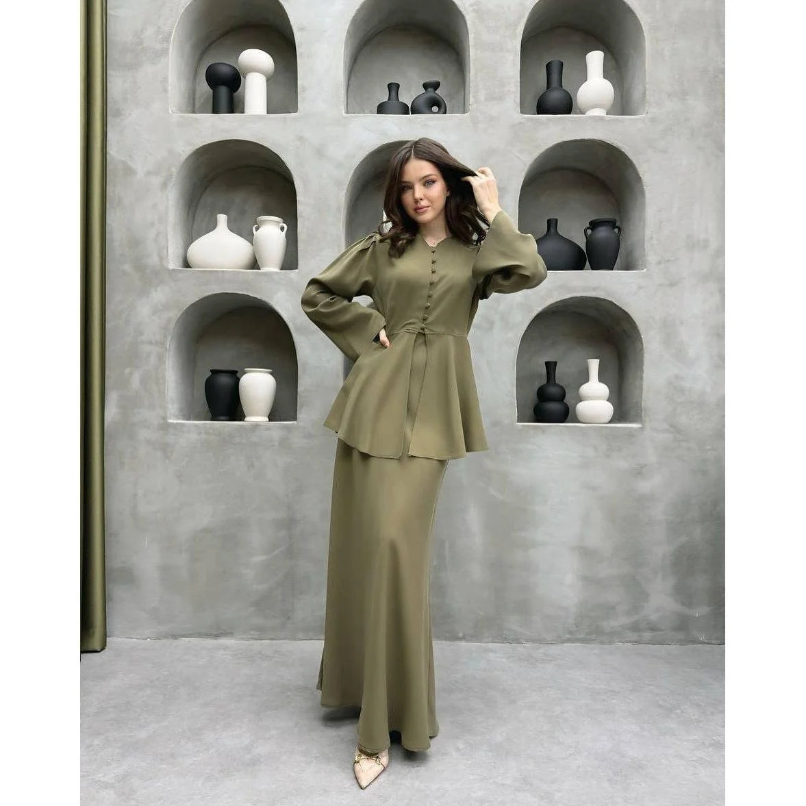 Pavia Women's Two-Piece Set | Satin Finish Peplum Top and Maxi Skirt 1
