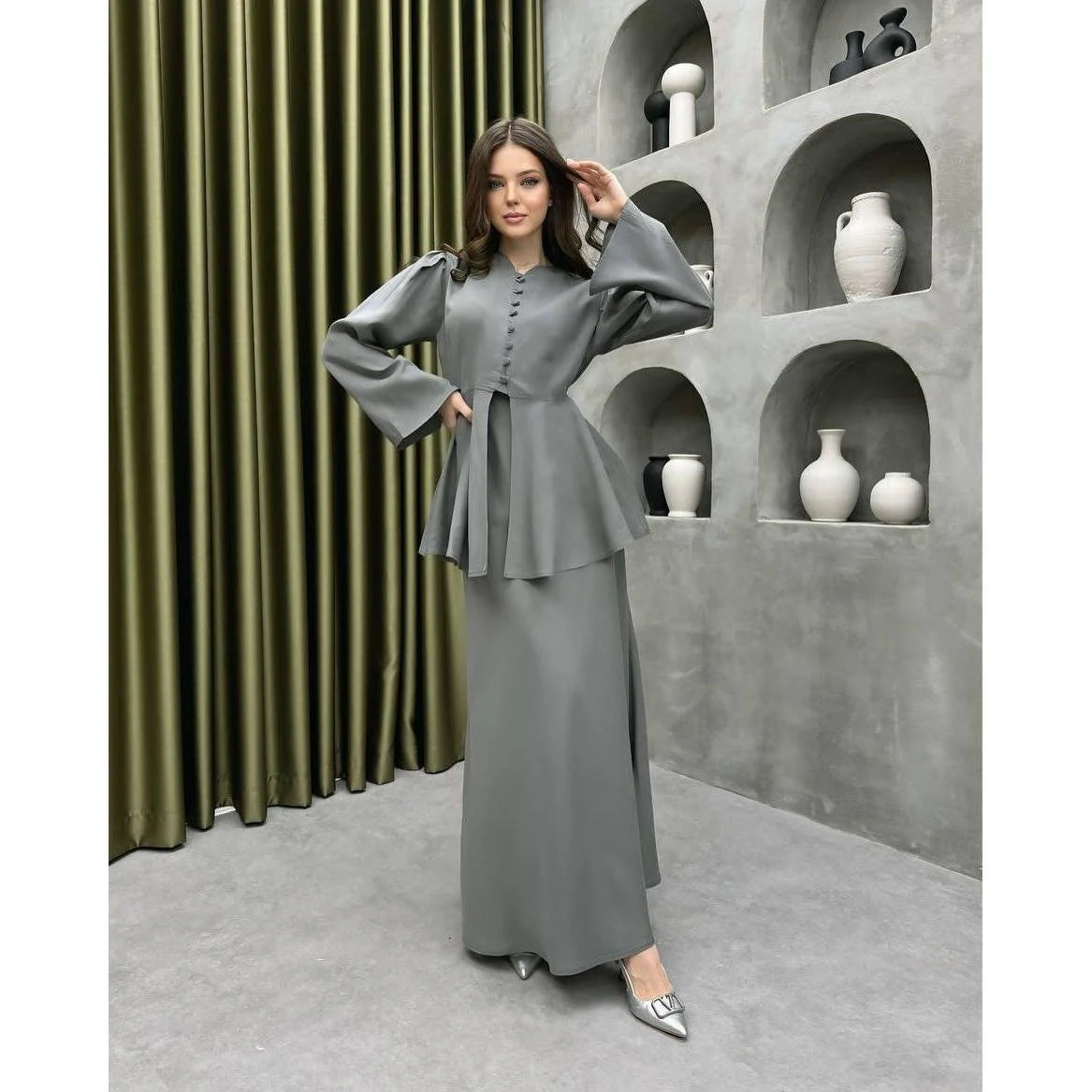 Pavia Women's Two-Piece Set | Satin Finish Peplum Top and Maxi Skirt 2