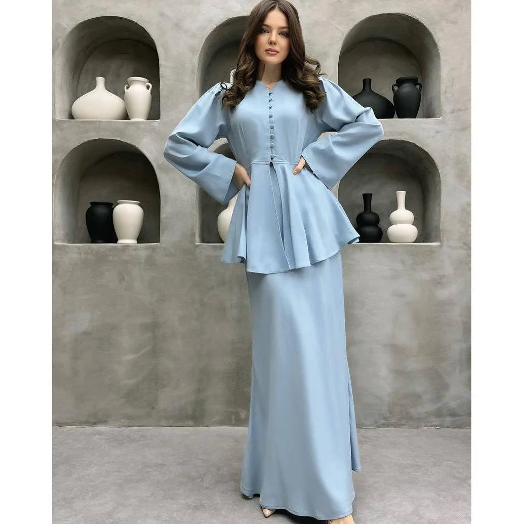 Pavia Women's Two-Piece Set | Satin Finish Peplum Top and Maxi Skirt 4