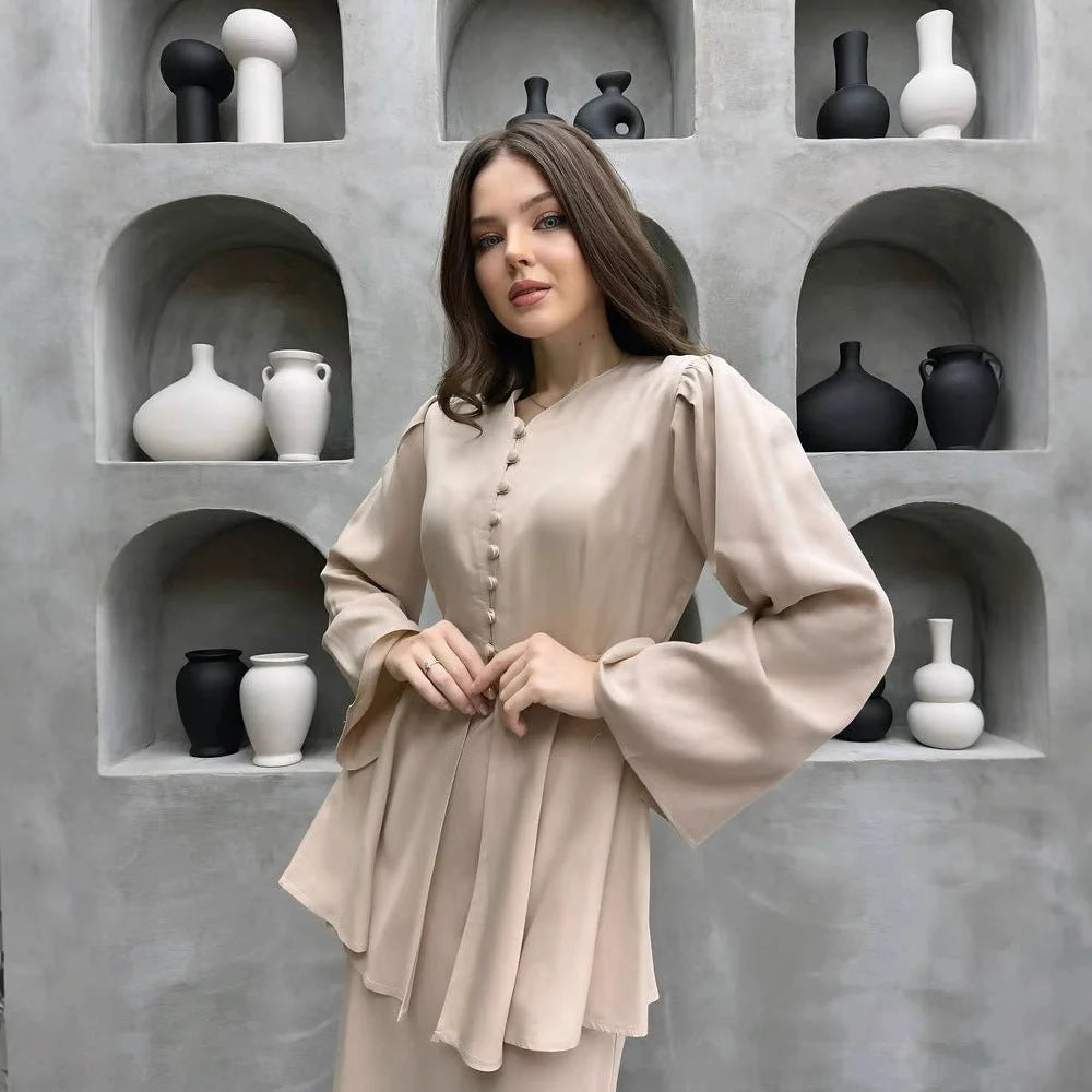 Pavia Women's Two-Piece Set | Satin Finish Peplum Top and Maxi Skirt 5