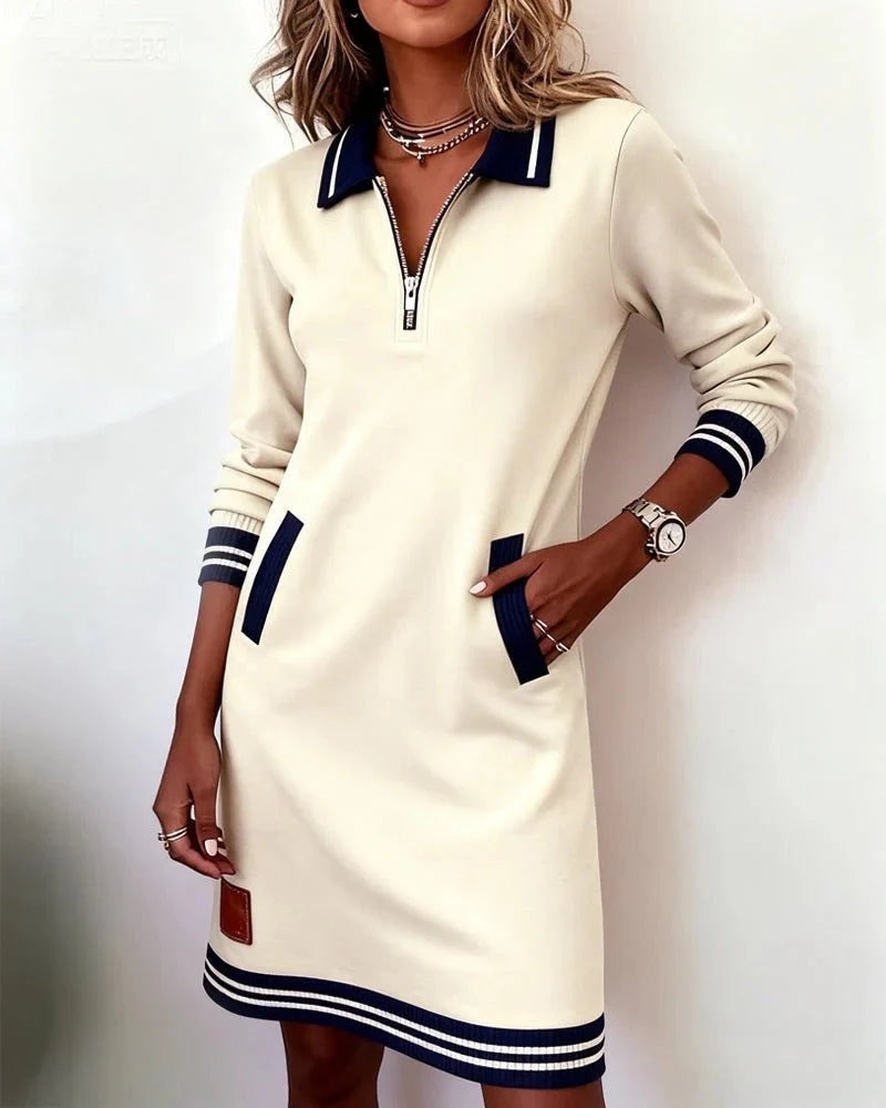 Quinn Women's Midi Dress | Knit Fabric, Contrast Collar, Pockets 1