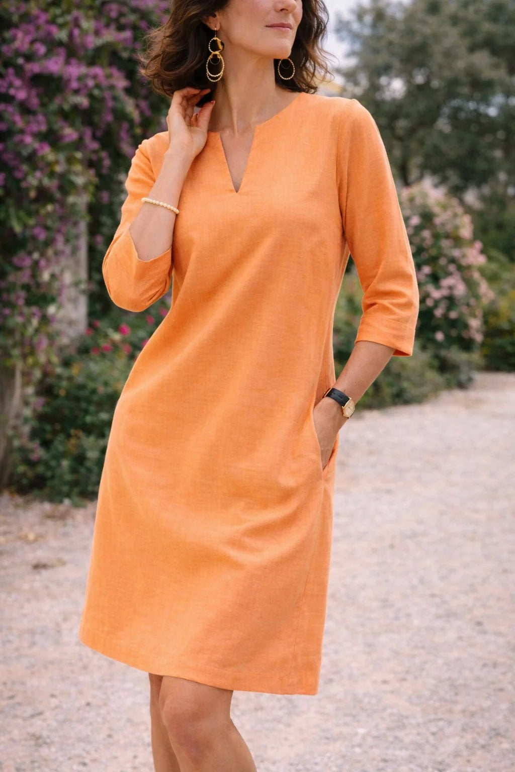 Rina Women's Mini Dress | Relaxed Fit, Split V Neck, Three-Quarter Sleeves 3