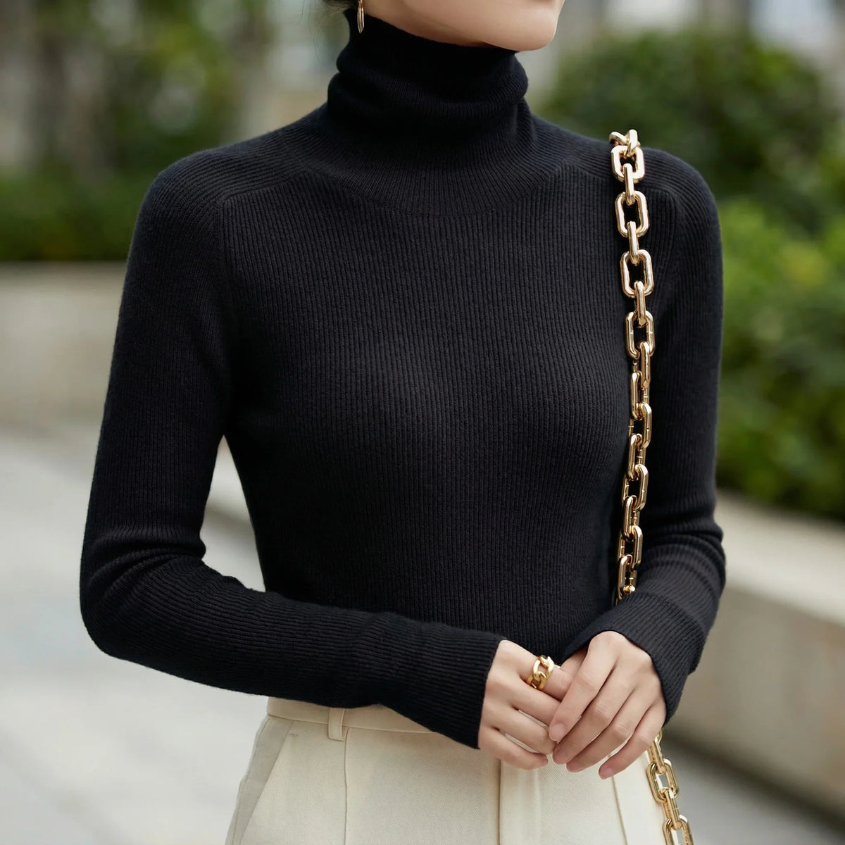 Riona Women's Black Turtleneck Sweater | Rib Knit, Long Cuffs 6