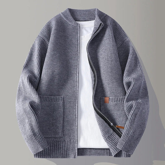 Rylan Men's Rib Knit Zip Jacket | Stand Collar, Patch Pockets 0