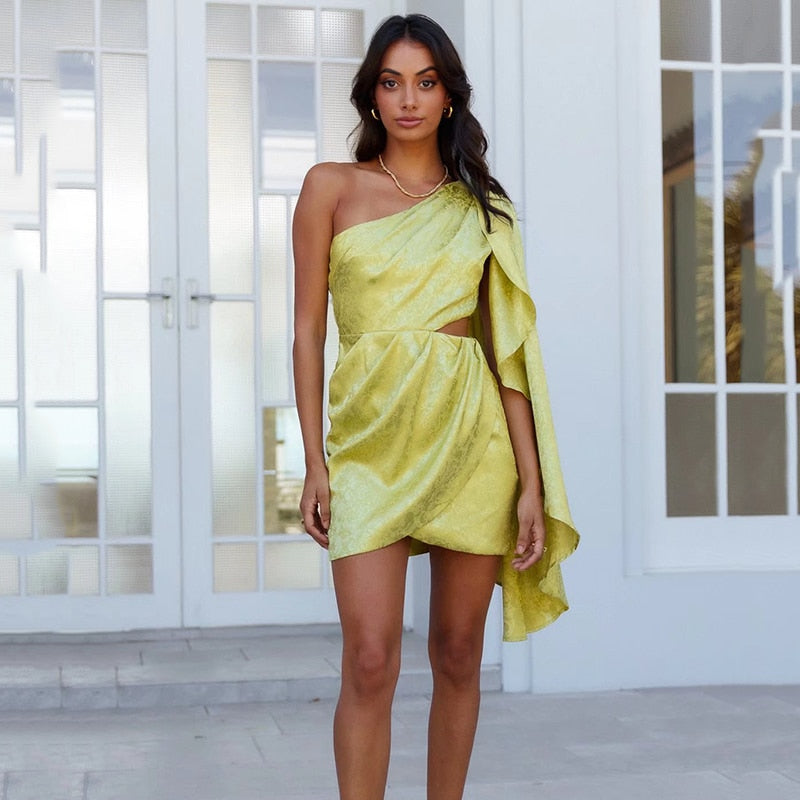 LUCILLA | Satin Mini Dress with Asymmetrical Shoulder