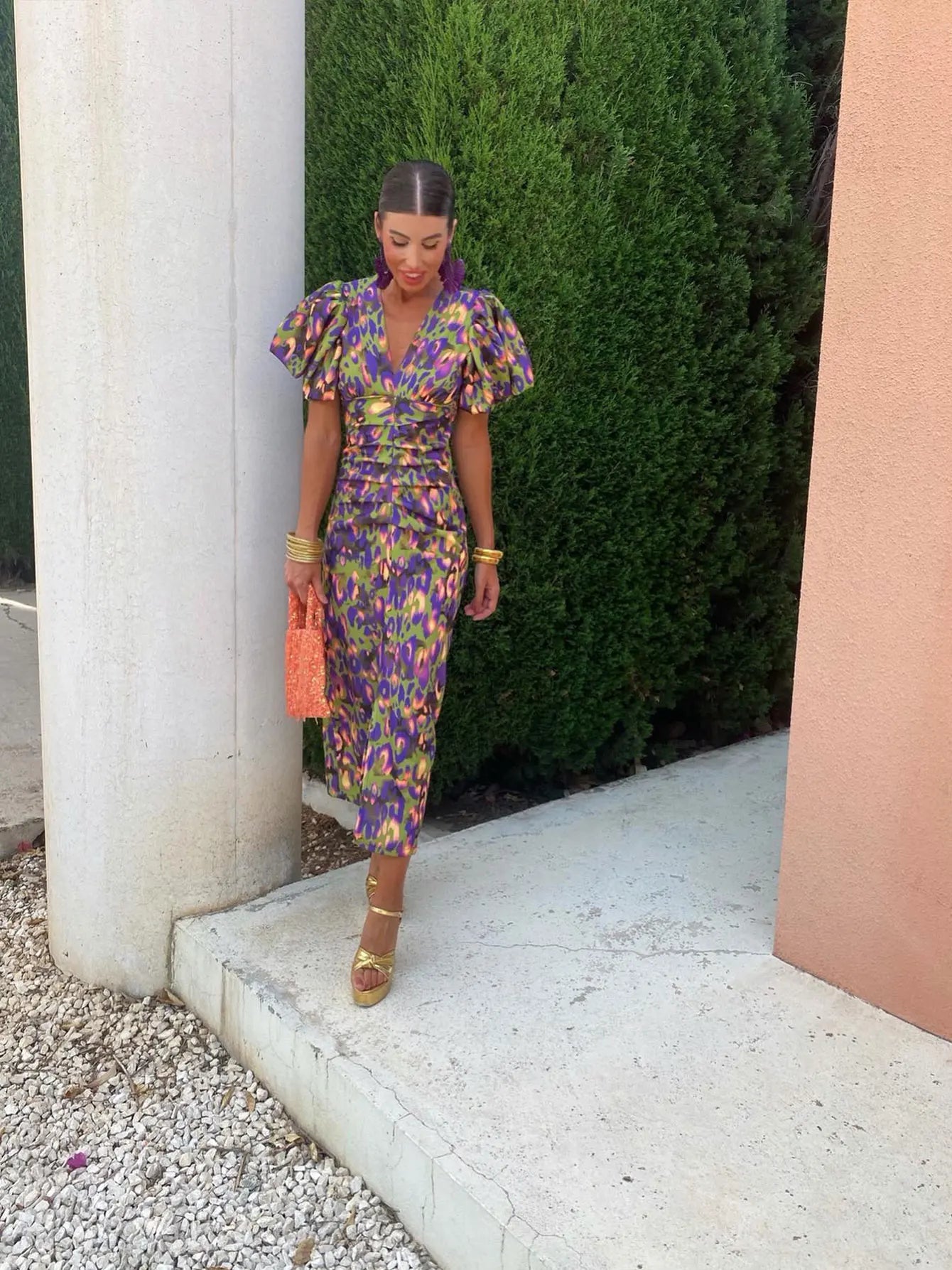 AMERIE | Dress with Pleated Sleeves and Vibrant Print