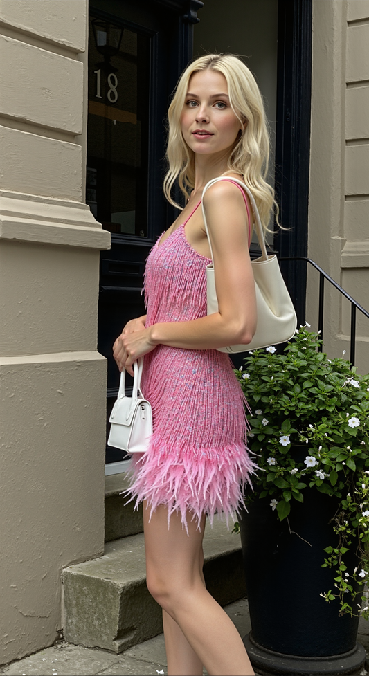 Sari Women's Cocktail Dress | Elegant Sequins & Feathers, White 1