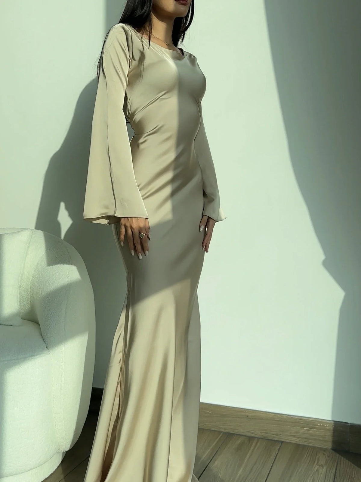 Sienna Women's Maxi Dress | Satin, Wide Neckline, Flared Cuffs 3