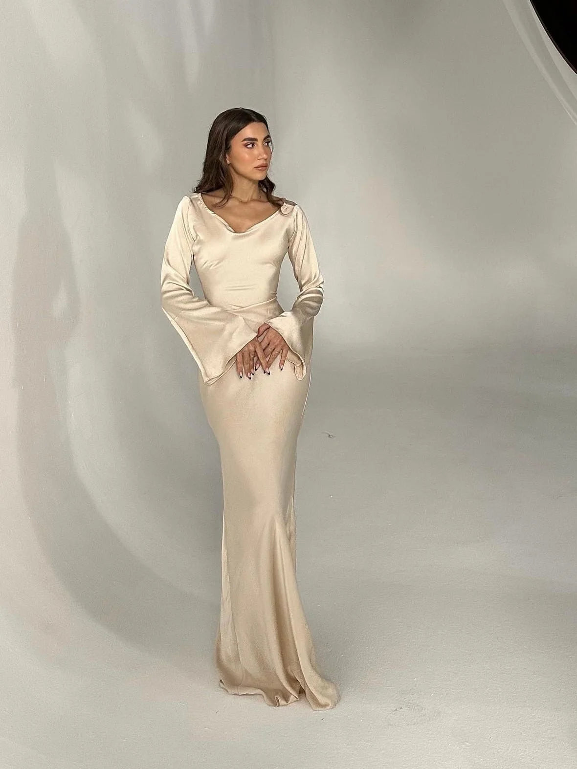 Sienna Women's Maxi Dress | Satin, Wide Neckline, Flared Cuffs 6