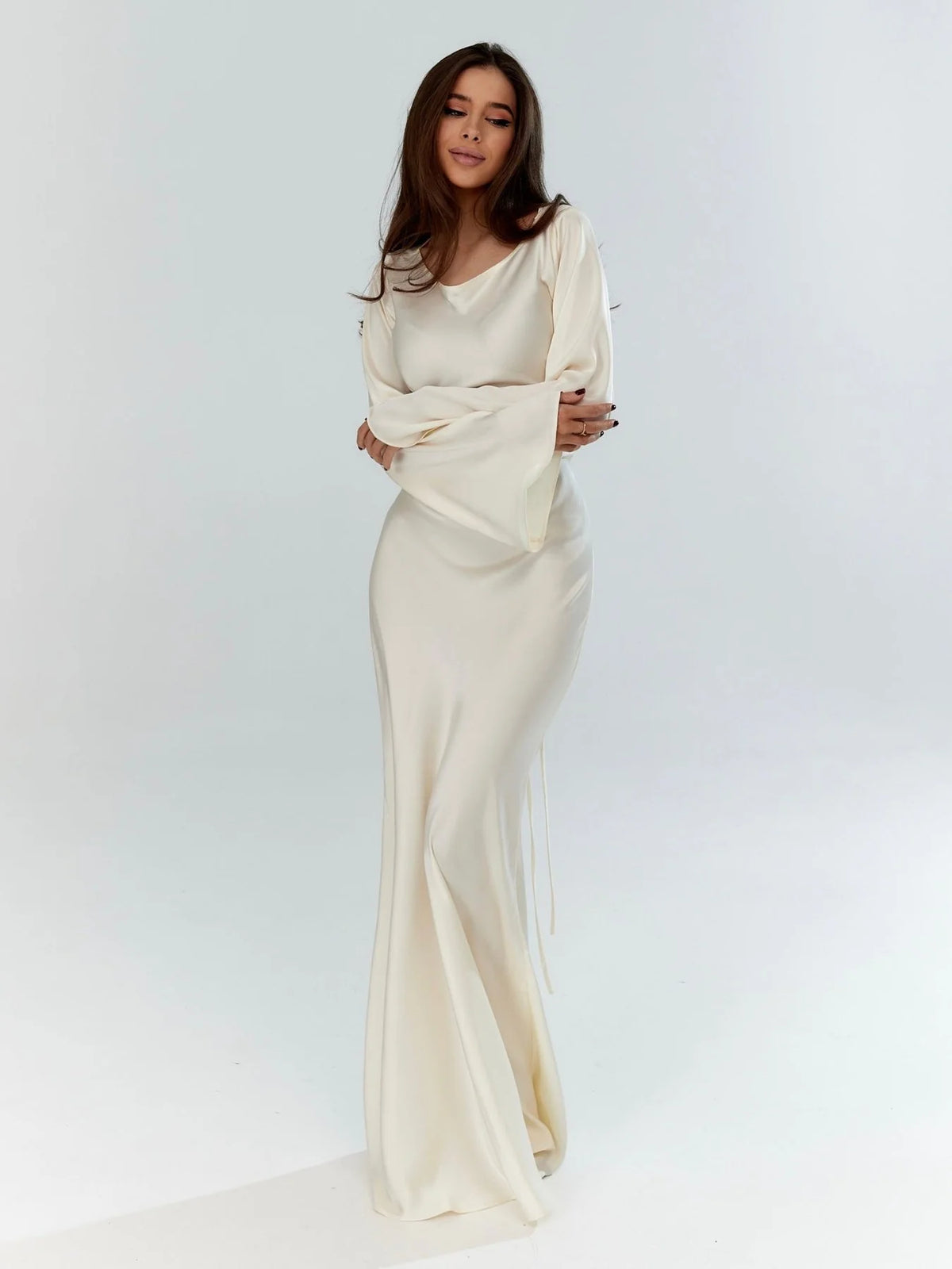 Sienna Women's Maxi Dress | Satin, Wide Neckline, Flared Cuffs 7