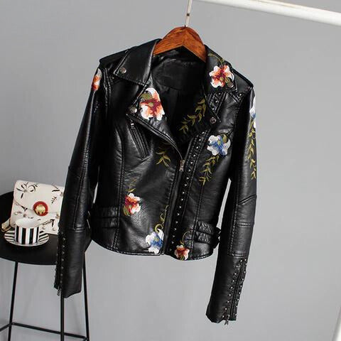 Sophie Ladies Leather Jacket | Faux Leather, Floral Embroidery, Timeless Design