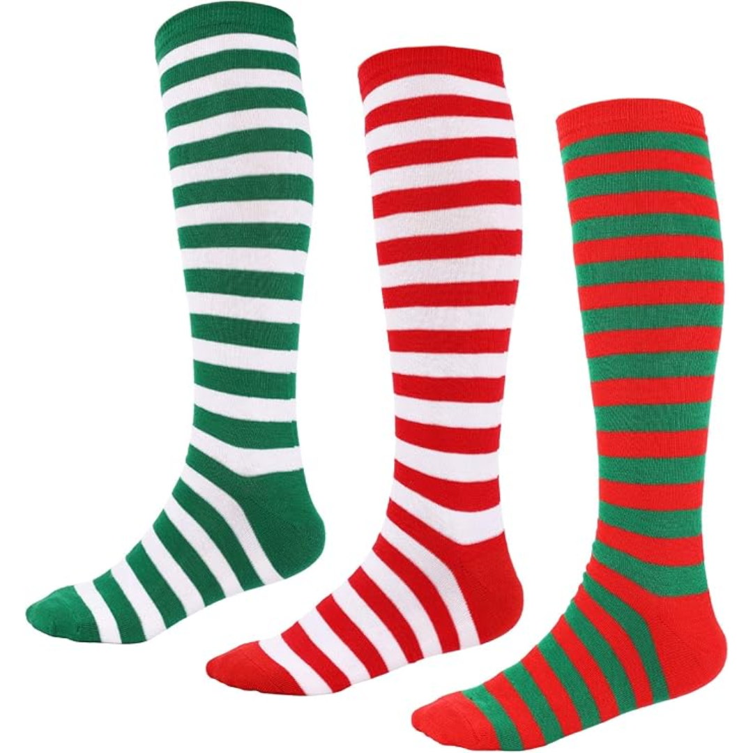 Sophie Knee-High Socks | Soft Fabric, 3-Pack, Red Green White Striped