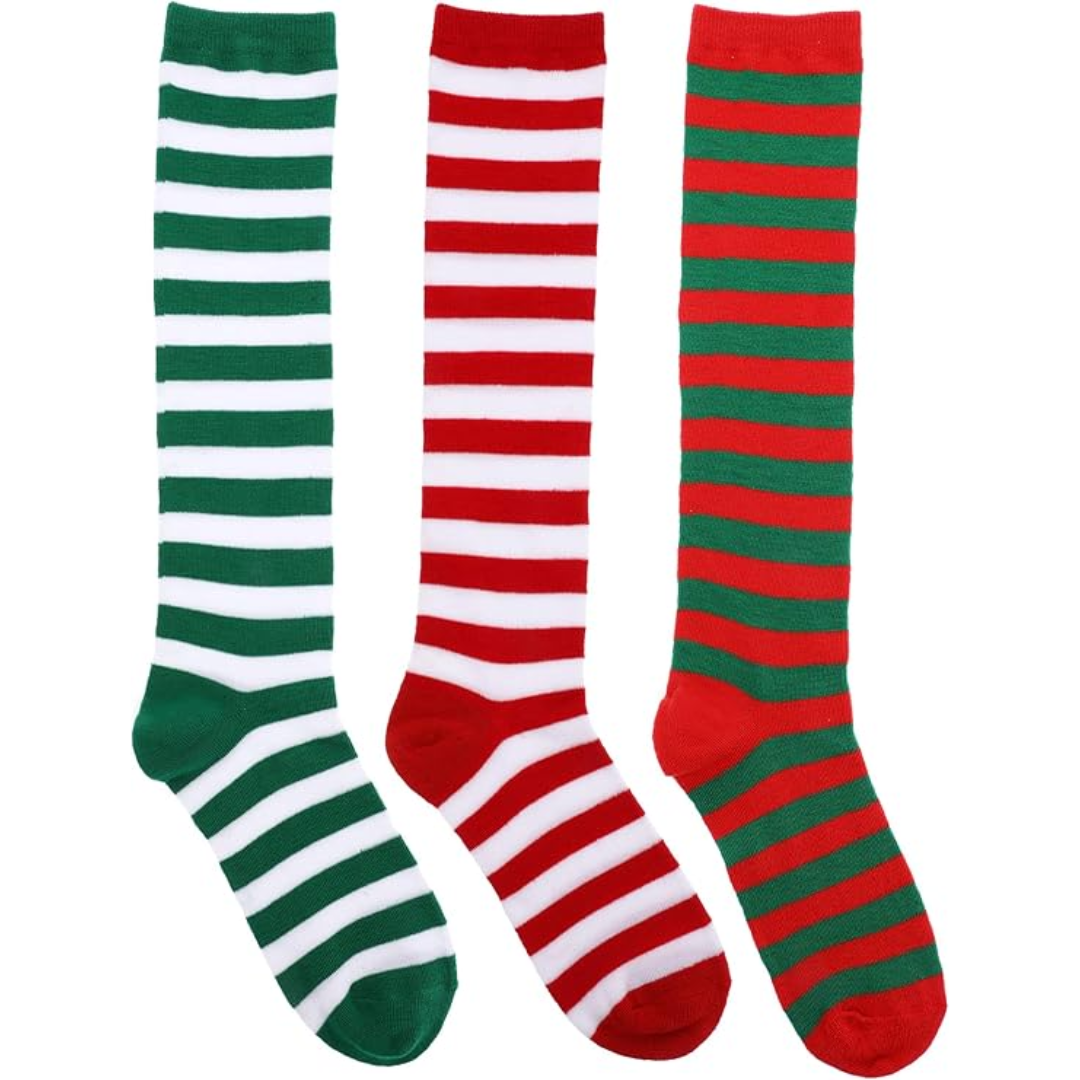 Sophie Knee-High Socks | Soft Fabric, 3-Pack, Red Green White Striped