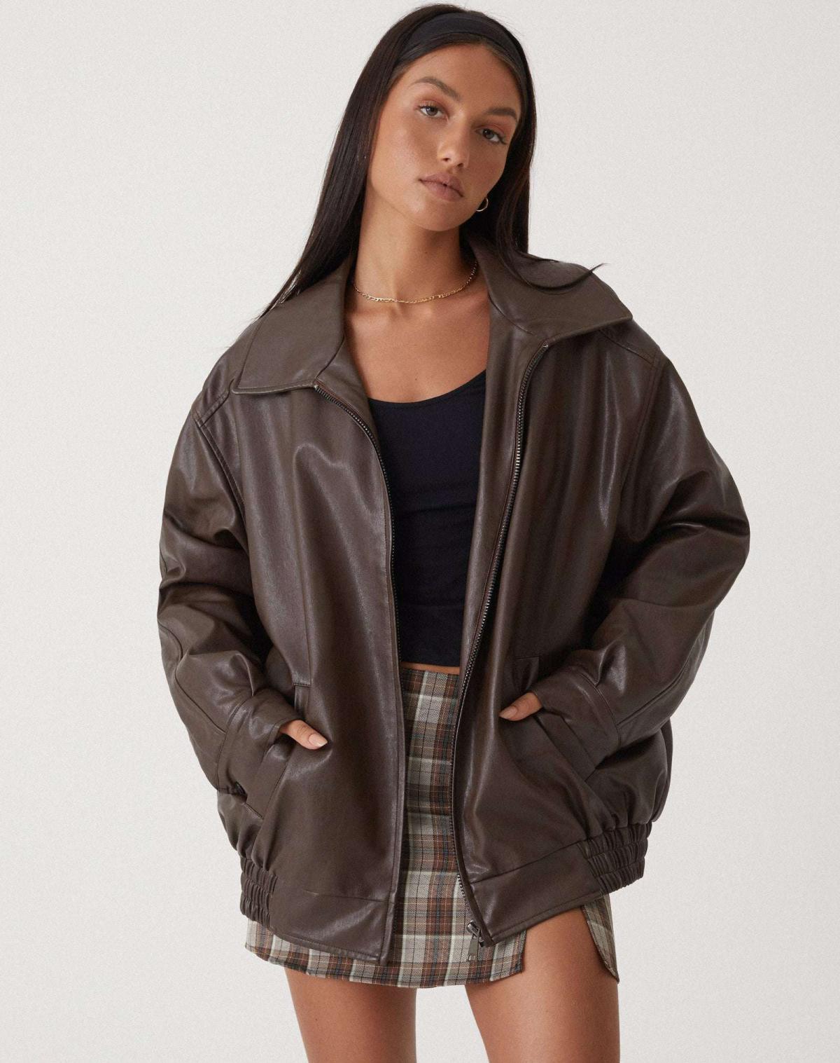 Sophie Women's Jacket | Oversized PU Leather, Casual Brown 0