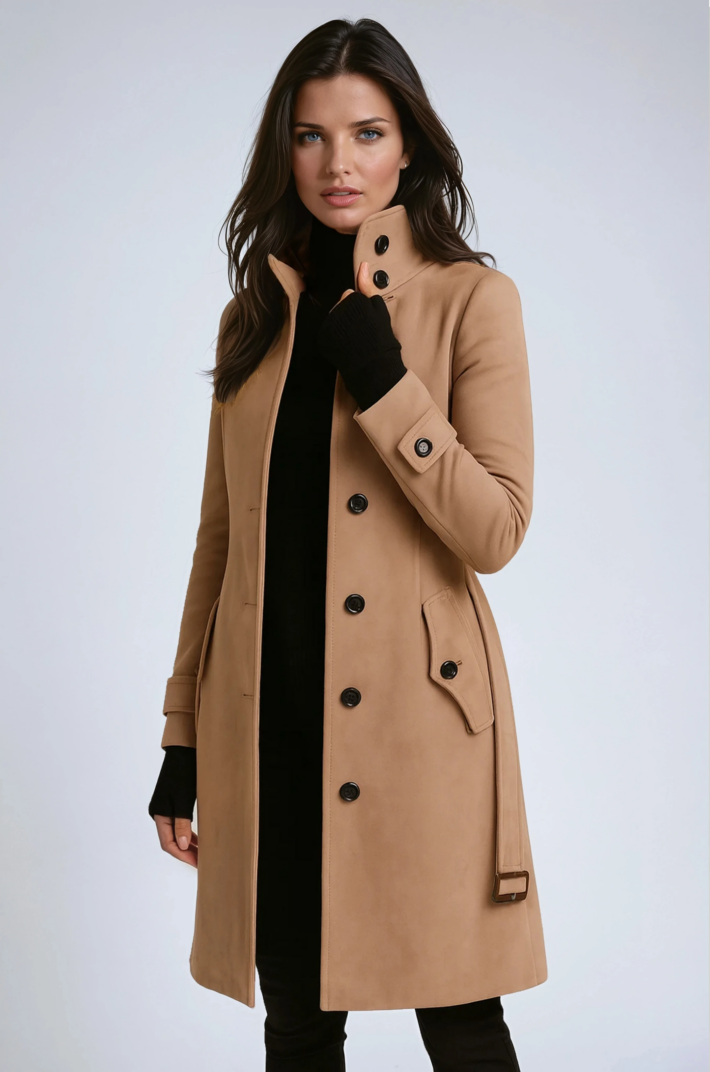 Stylish Long Women's Coat with High Collar – Elegant Winter Coat for Cold Months