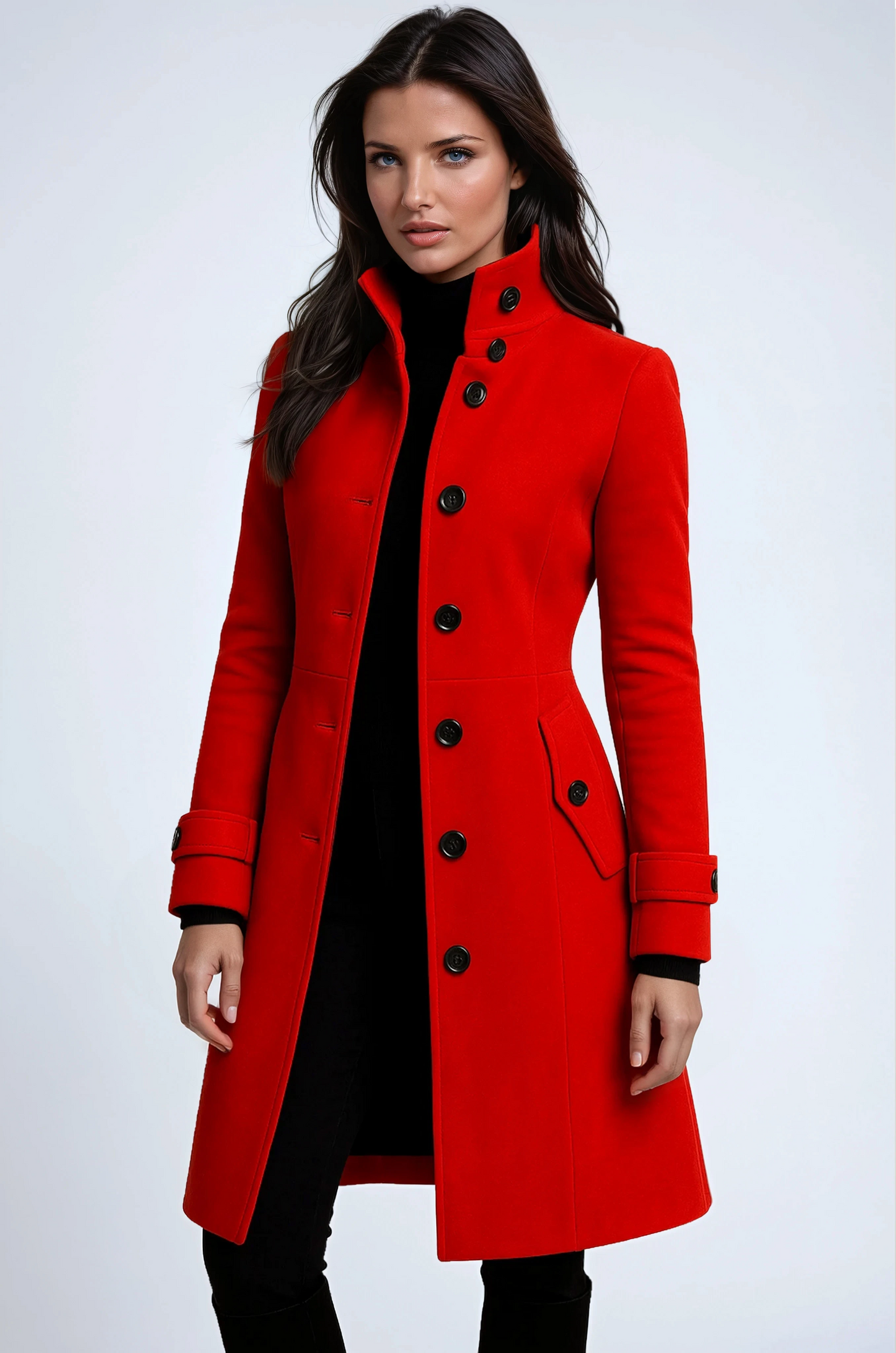 Stylish Long Women's Coat with High Collar – Elegant Winter Coat for Cold Months