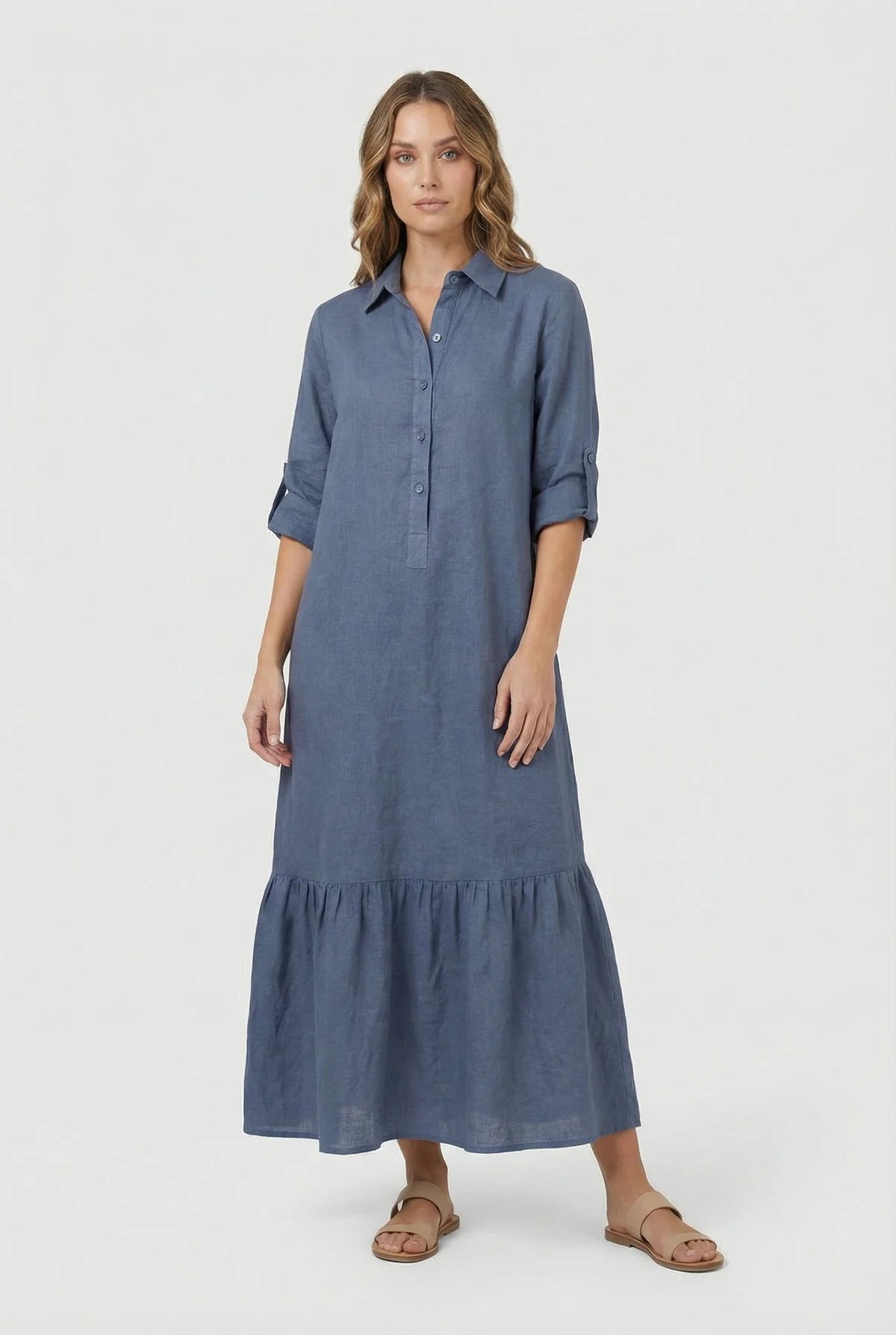 Talia Women's Maxi Dress | Denim-Look Fabric, Tiered Hem 0